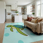 Cute Green Turtle Aqua Dot Background Rug Living Room View