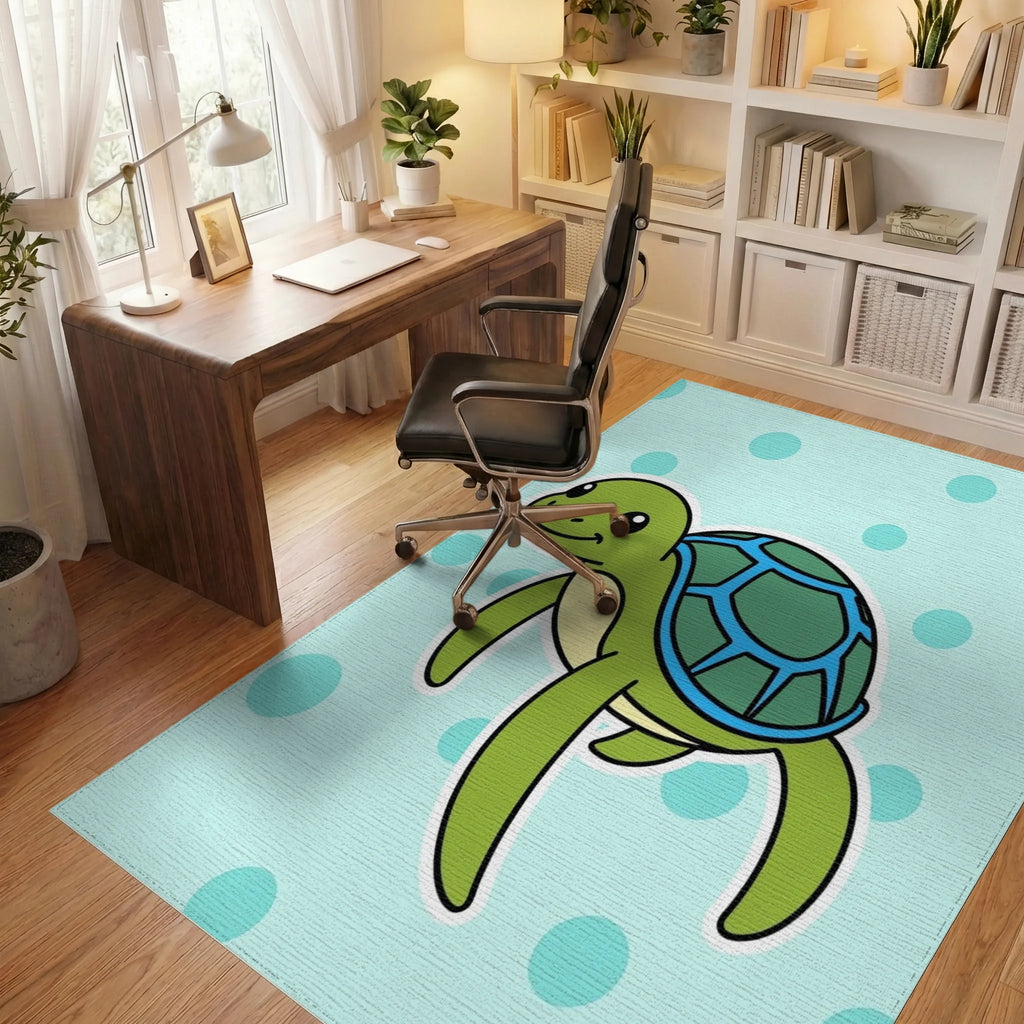Cute Green Turtle Aqua Dot Background Rug Office View