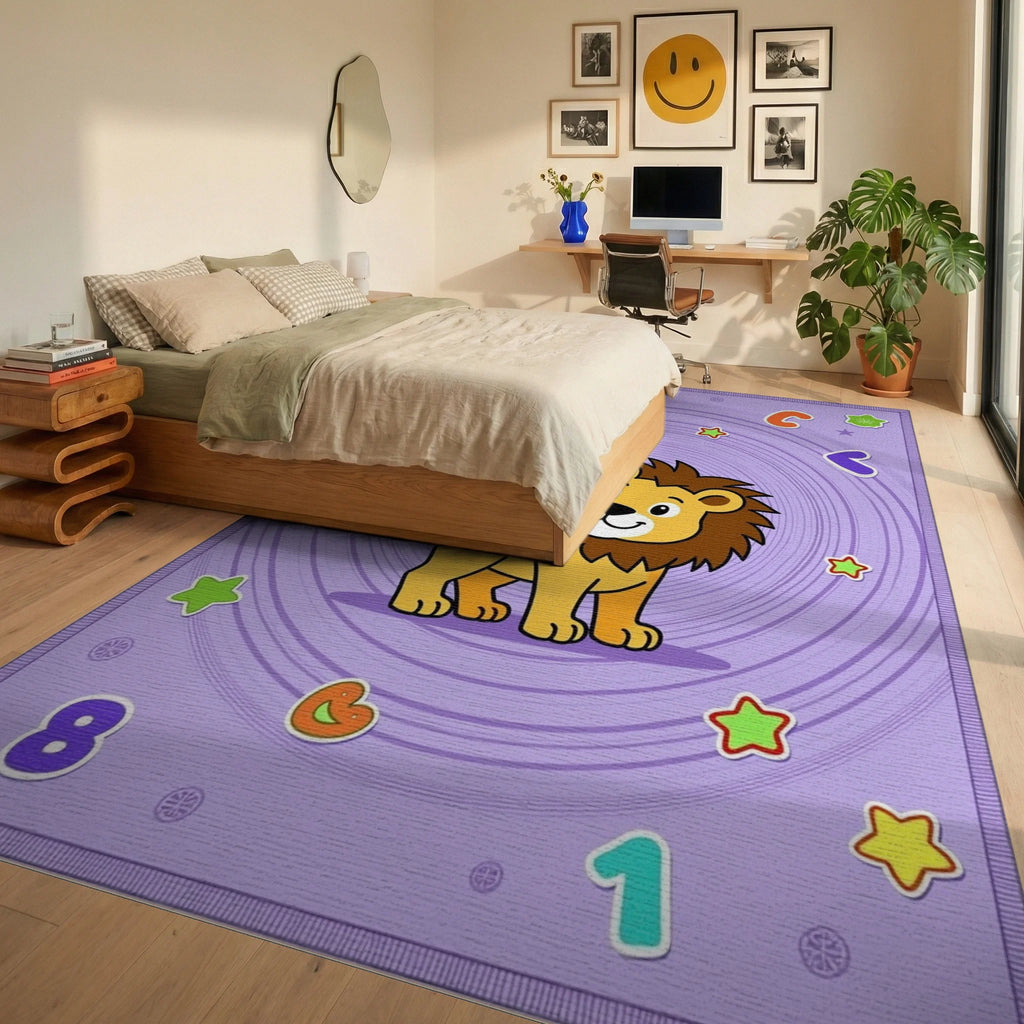 Cute Lion Alphabet Whirl Pattern Rug - Bedroom View