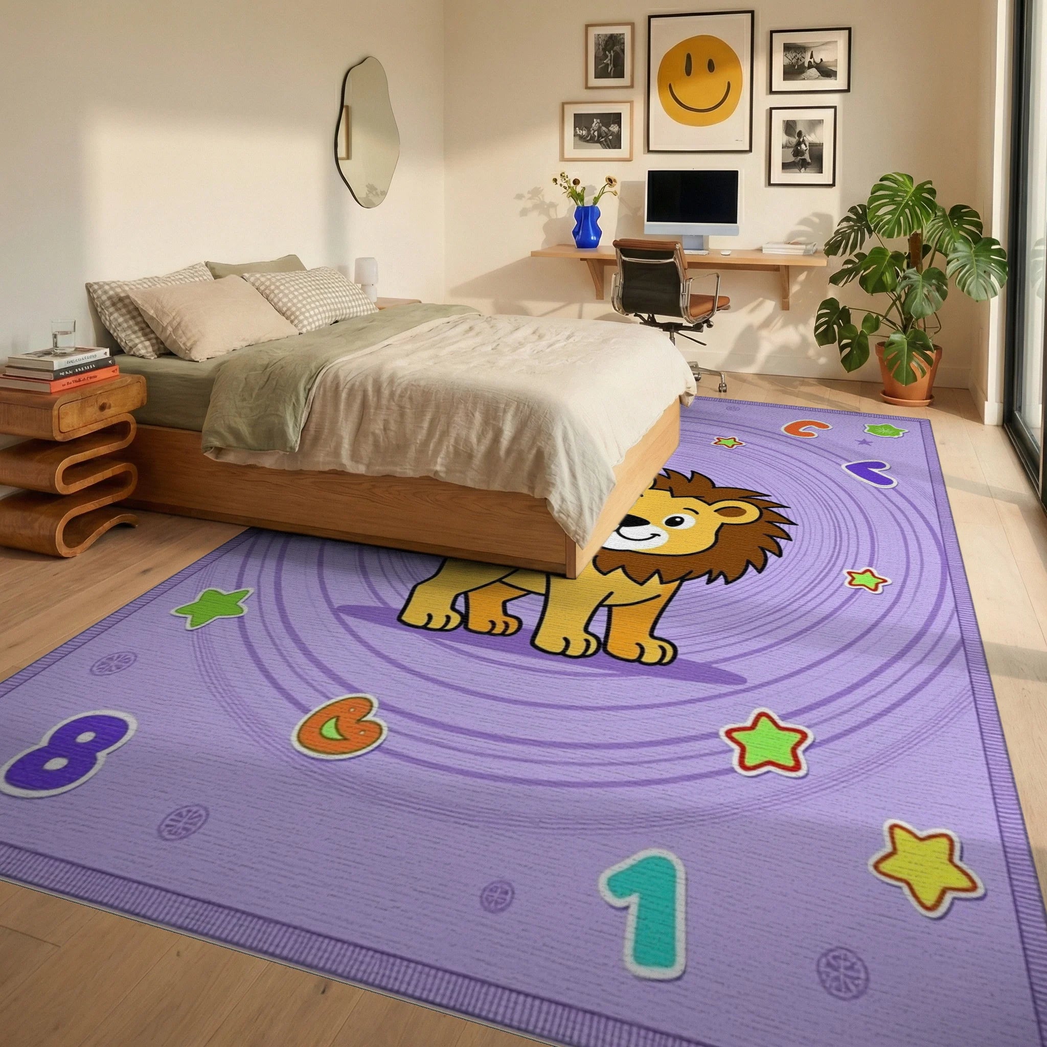 Cute Lion Alphabet Whirl Pattern Rug - Bedroom View