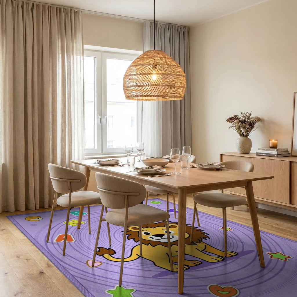 Cute Lion Alphabet Whirl Pattern Rug - Dining Room View