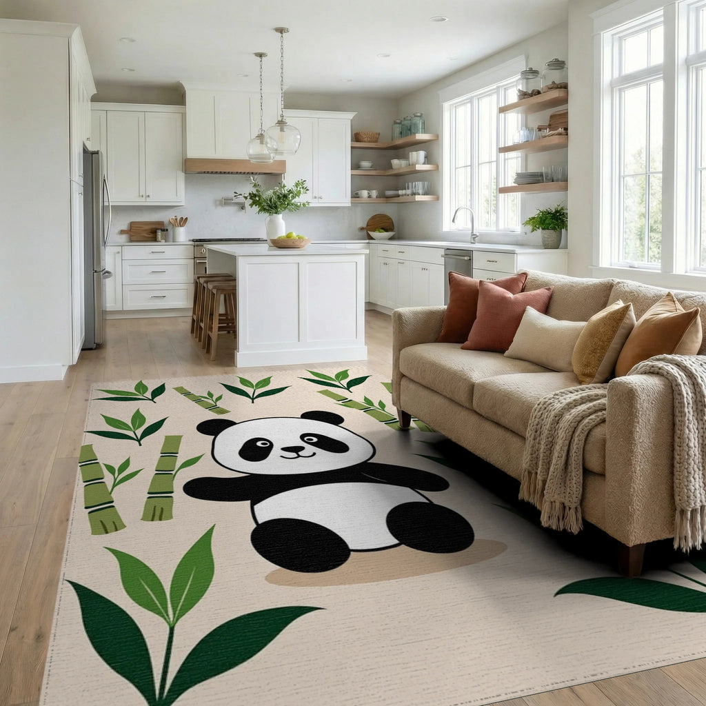 Cute Panda Bamboo Forest Scene Rug - Living Room View