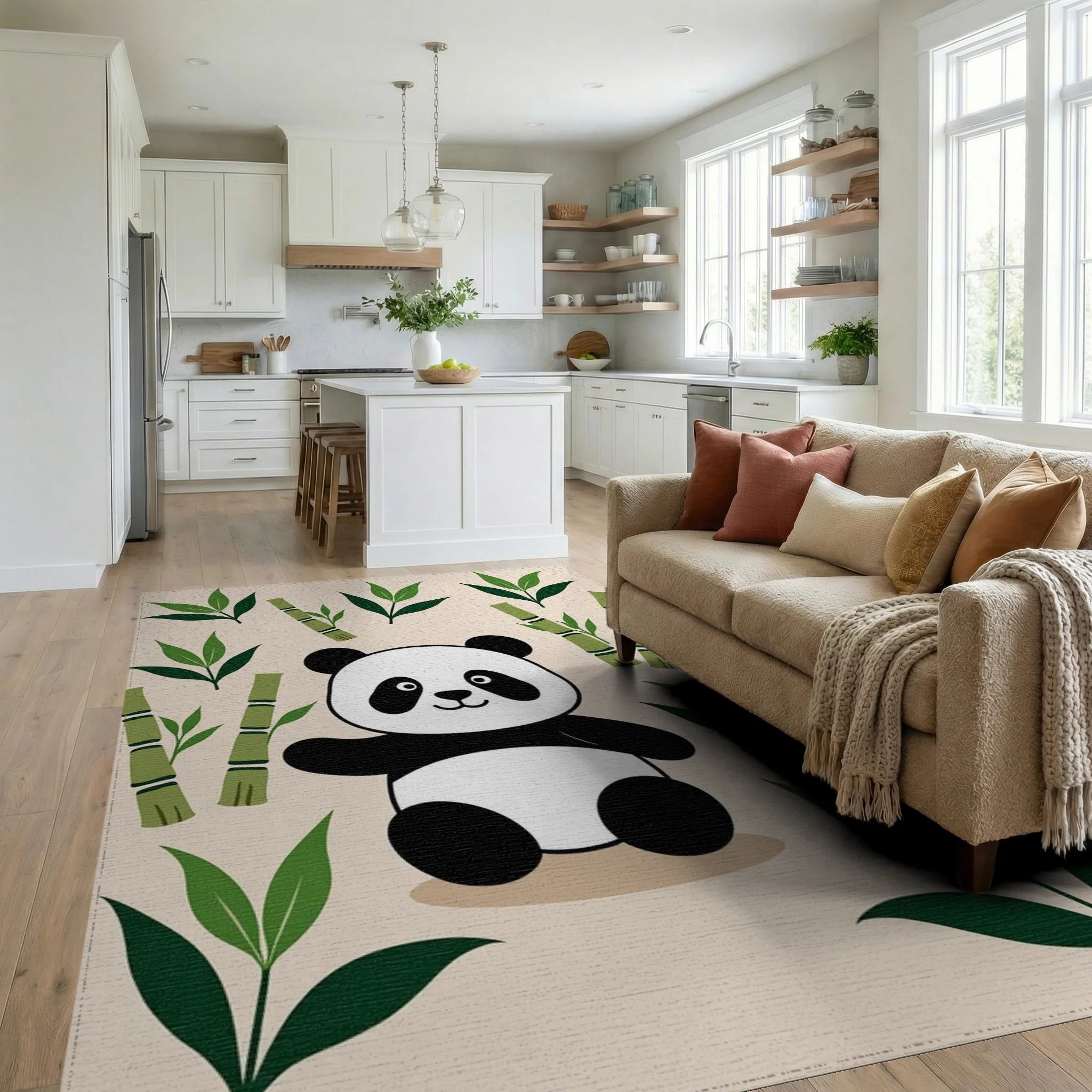 Cute Panda Bamboo Forest Scene Rug - Living Room View