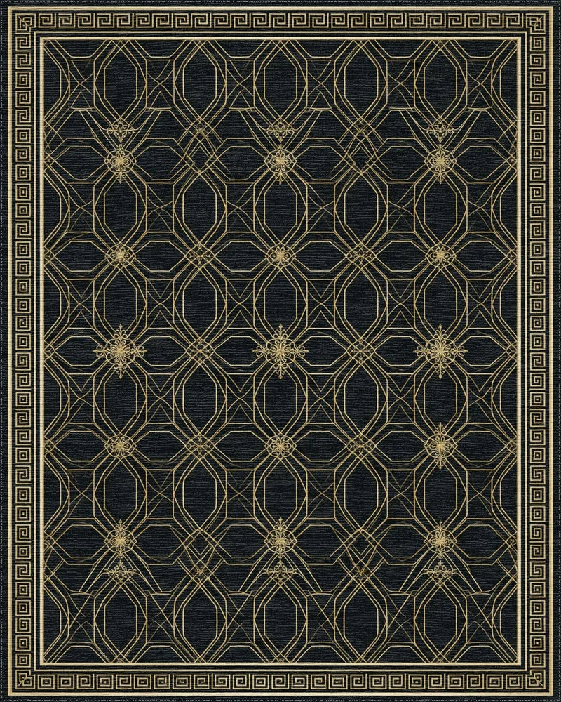 Geometric Gold And Black Grid Rug - cutout
