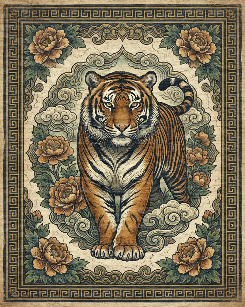 Tiger Peony Woodblock Print Area Rug - cutout