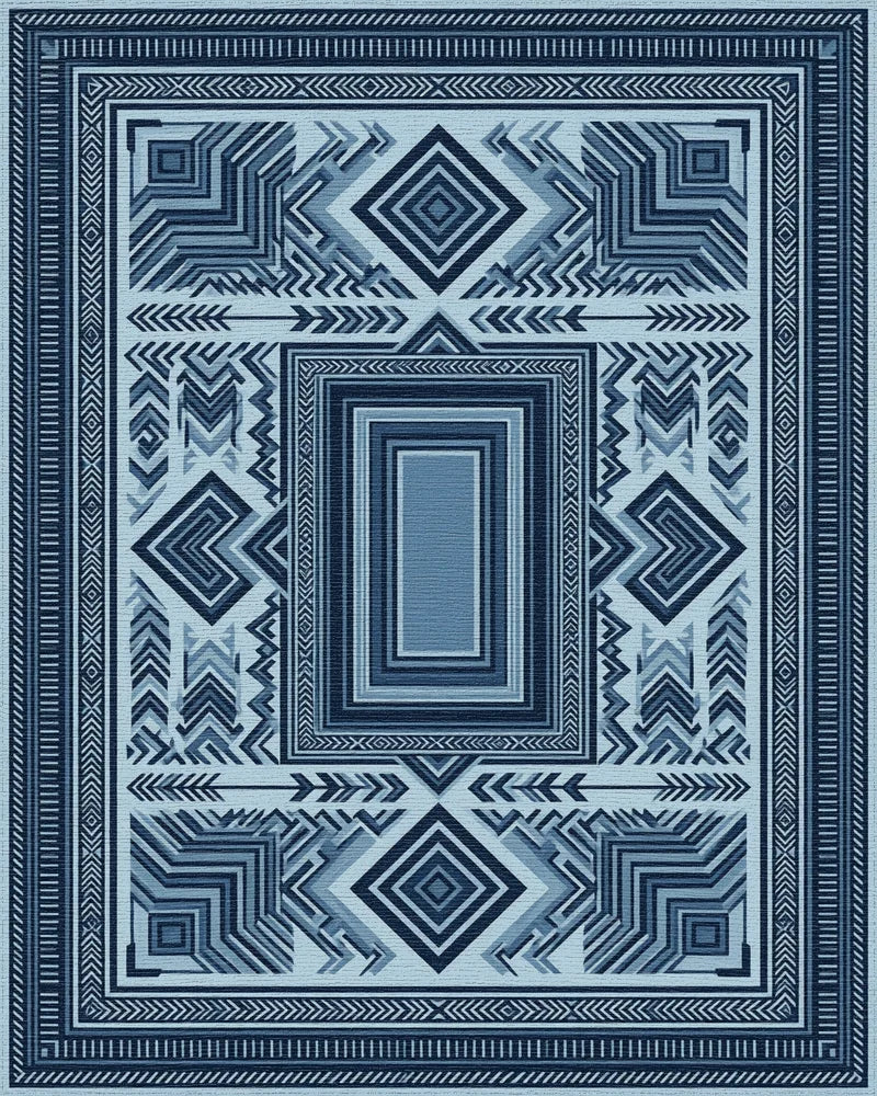 Symmetrical Indigo Geometric Folk Art Rug - cutout