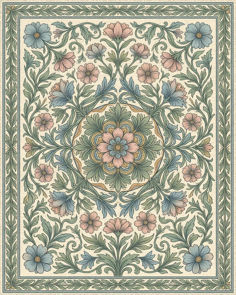 Cream Green Blue Rug - cutout