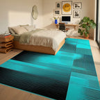 Cyber Teal Geometric Fragment Rug - Bedroom View