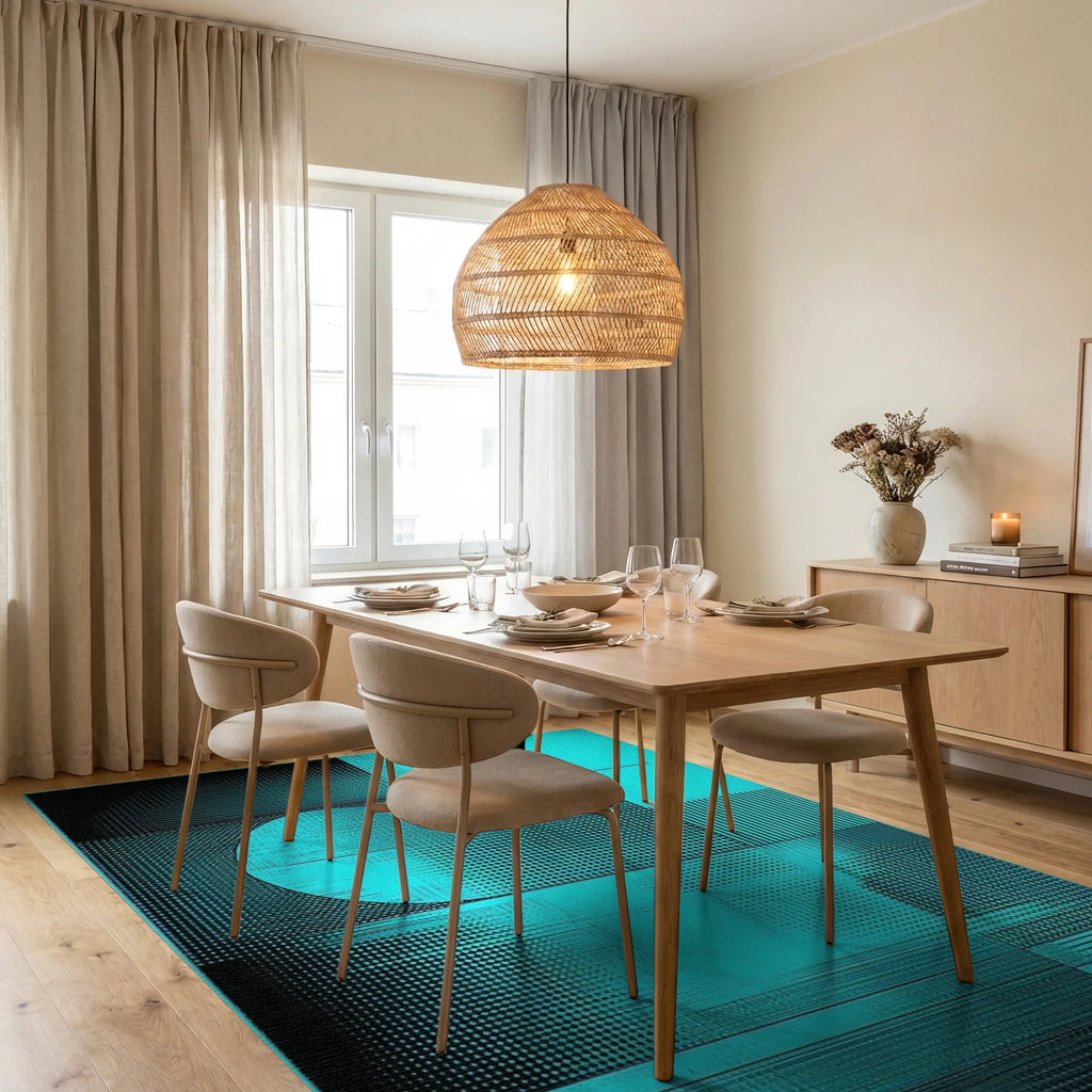 Cyber Teal Geometric Fragment Rug - Dining Room View