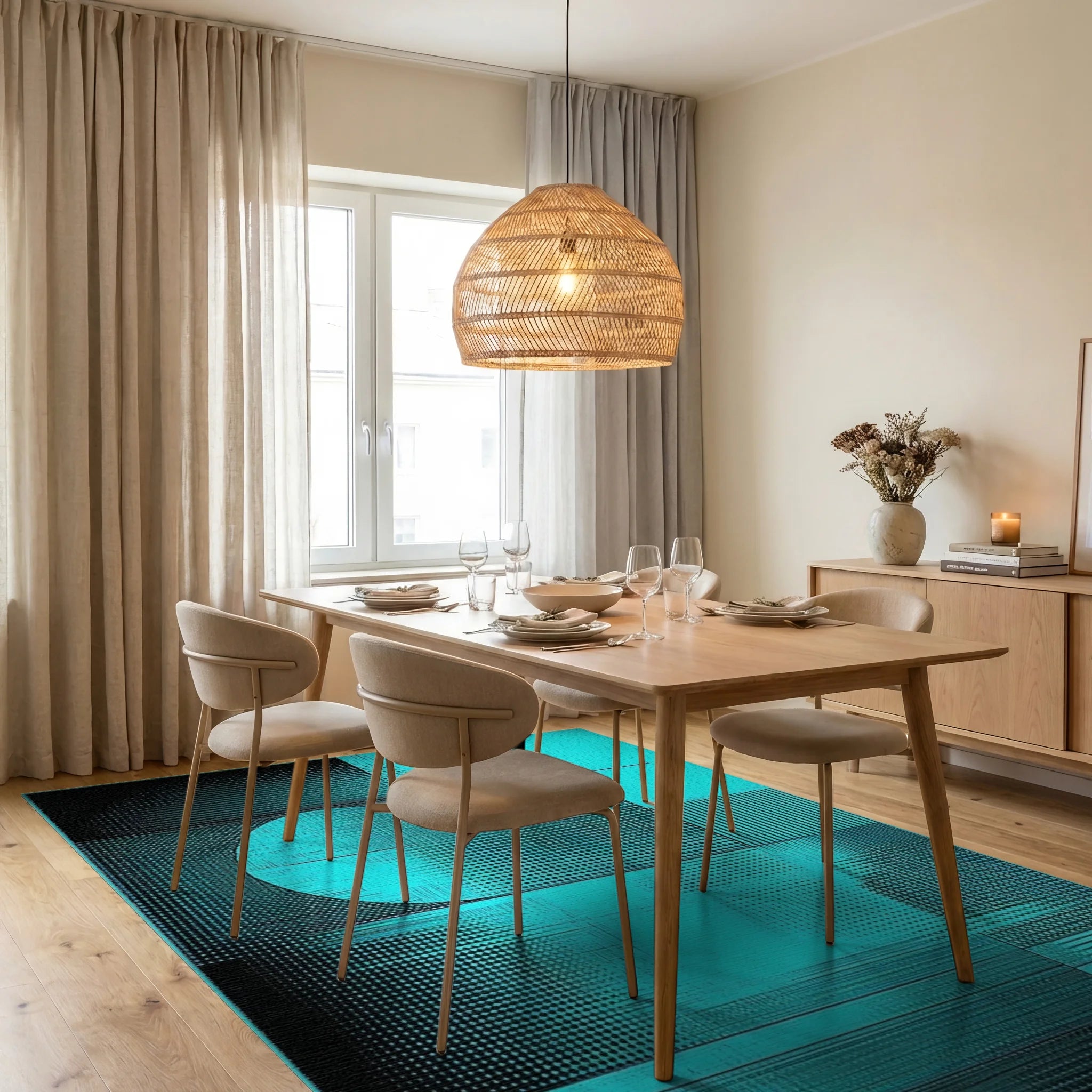 Cyber Teal Geometric Fragment Rug - Dining Room View
