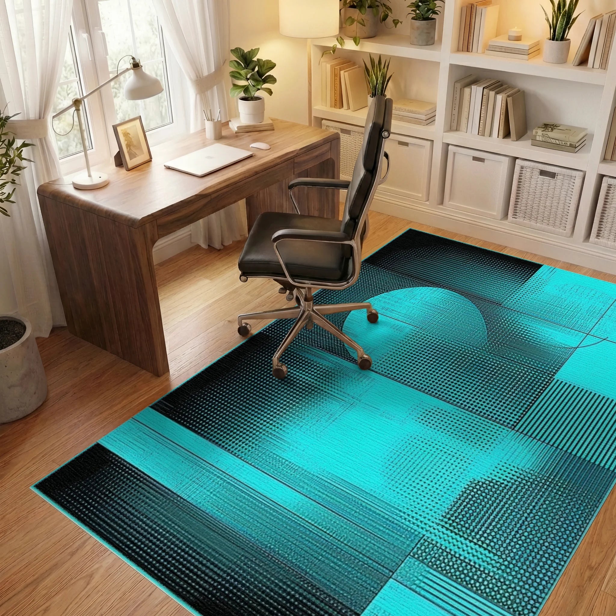 Cyber Teal Geometric Fragment Rug - Office View