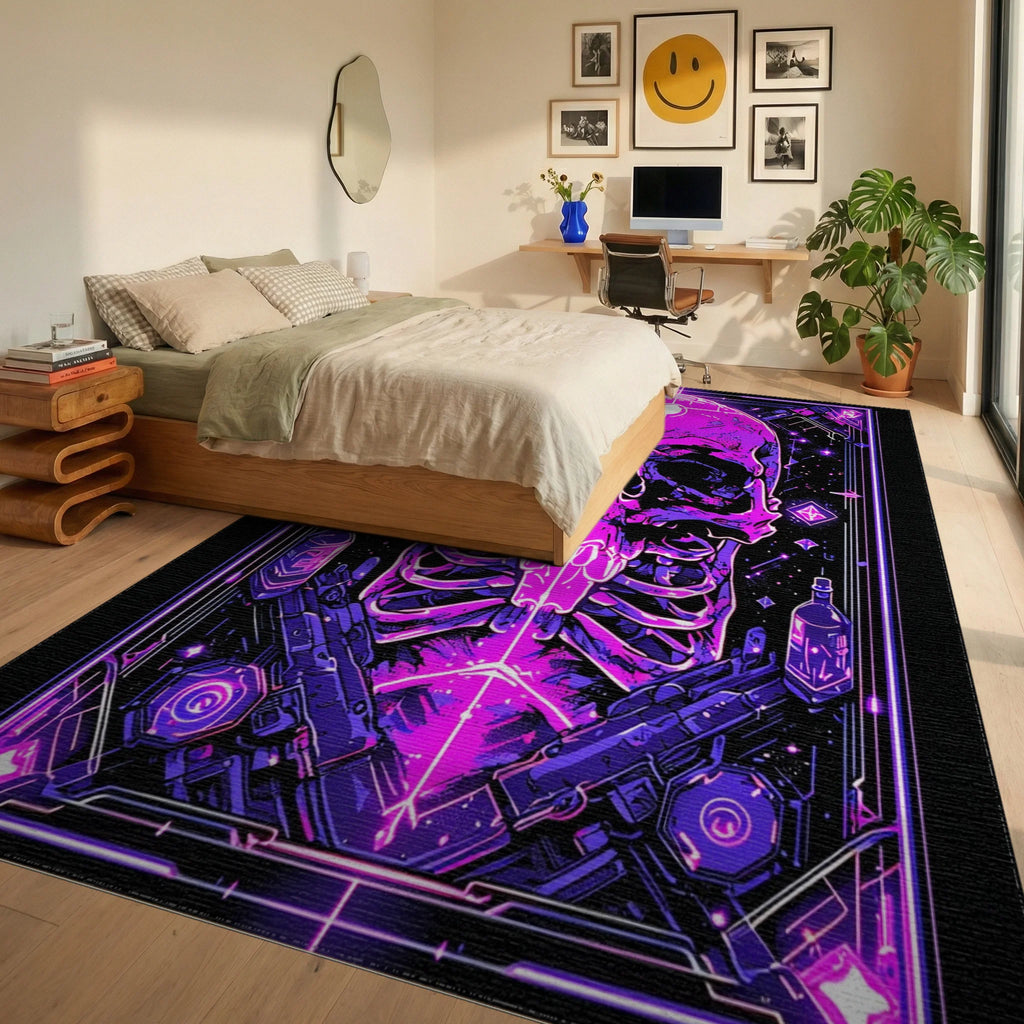 Cyberpunk Neon Skull And Guns Rug - Bedroom View