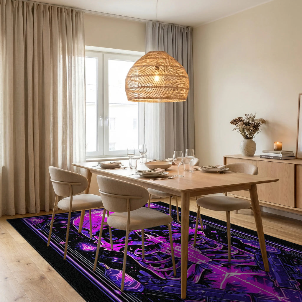 Cyberpunk Neon Skull And Guns Rug - Dining Room View
