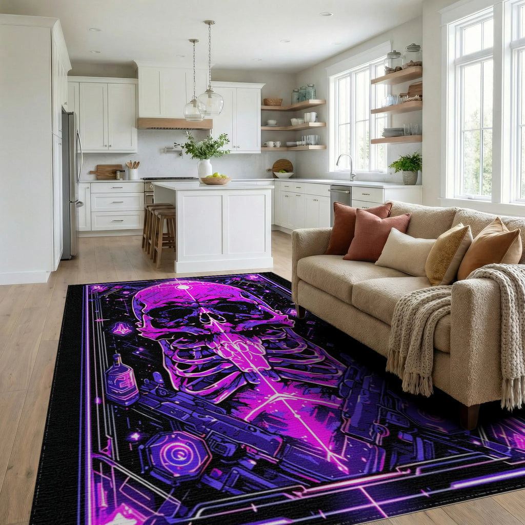 Cyberpunk Neon Skull And Guns Rug - Living Room View