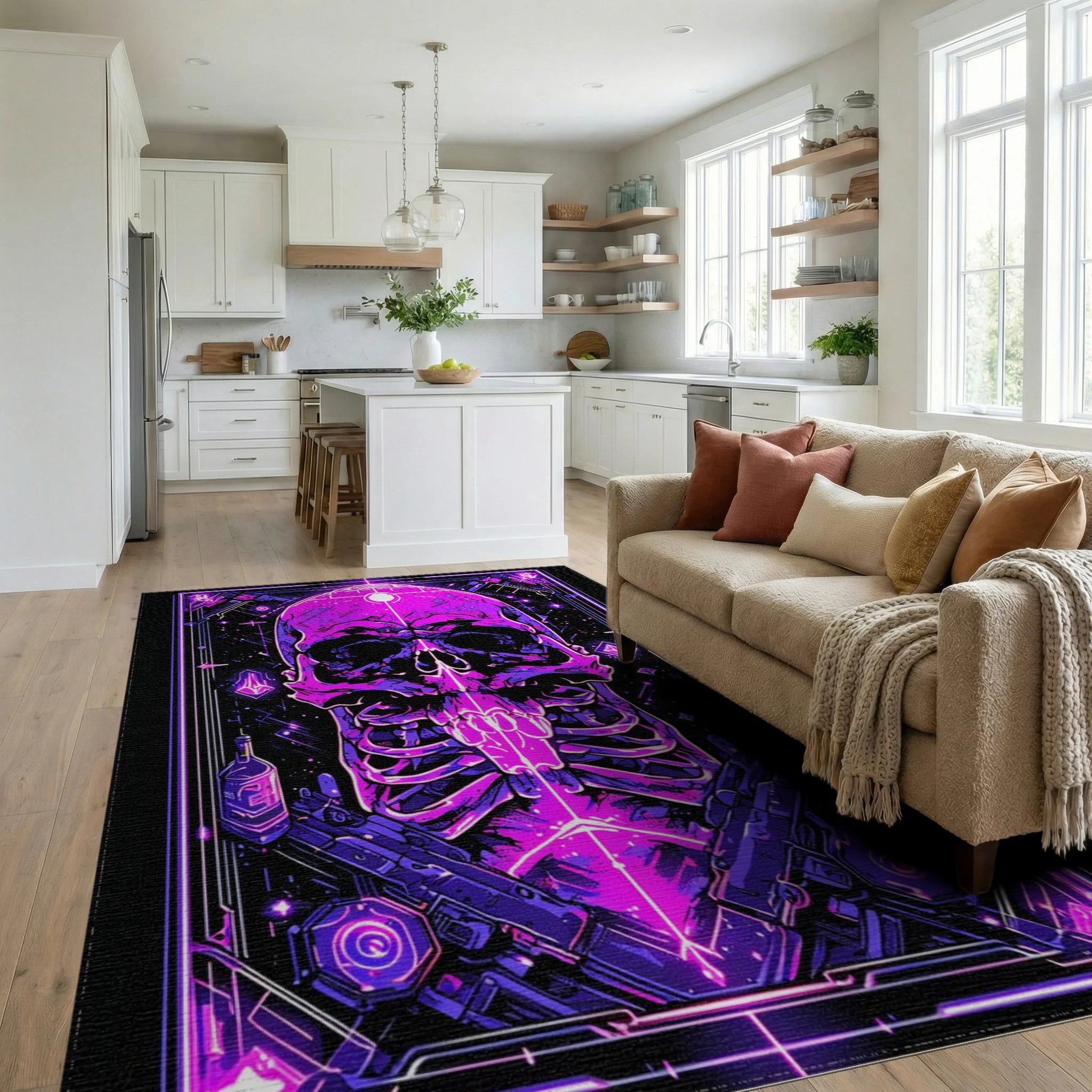 Cyberpunk Neon Skull And Guns Rug - Living Room View