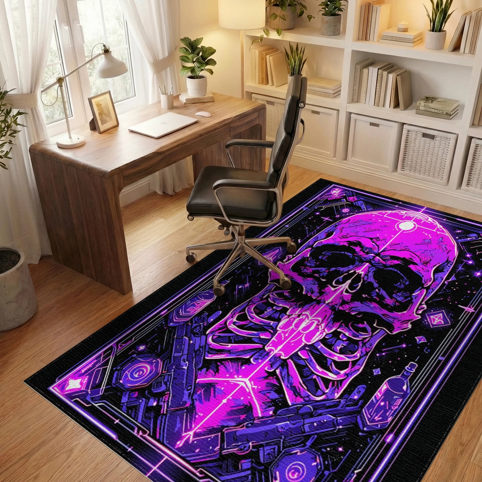 Cyberpunk Neon Skull And Guns Rug - Office View