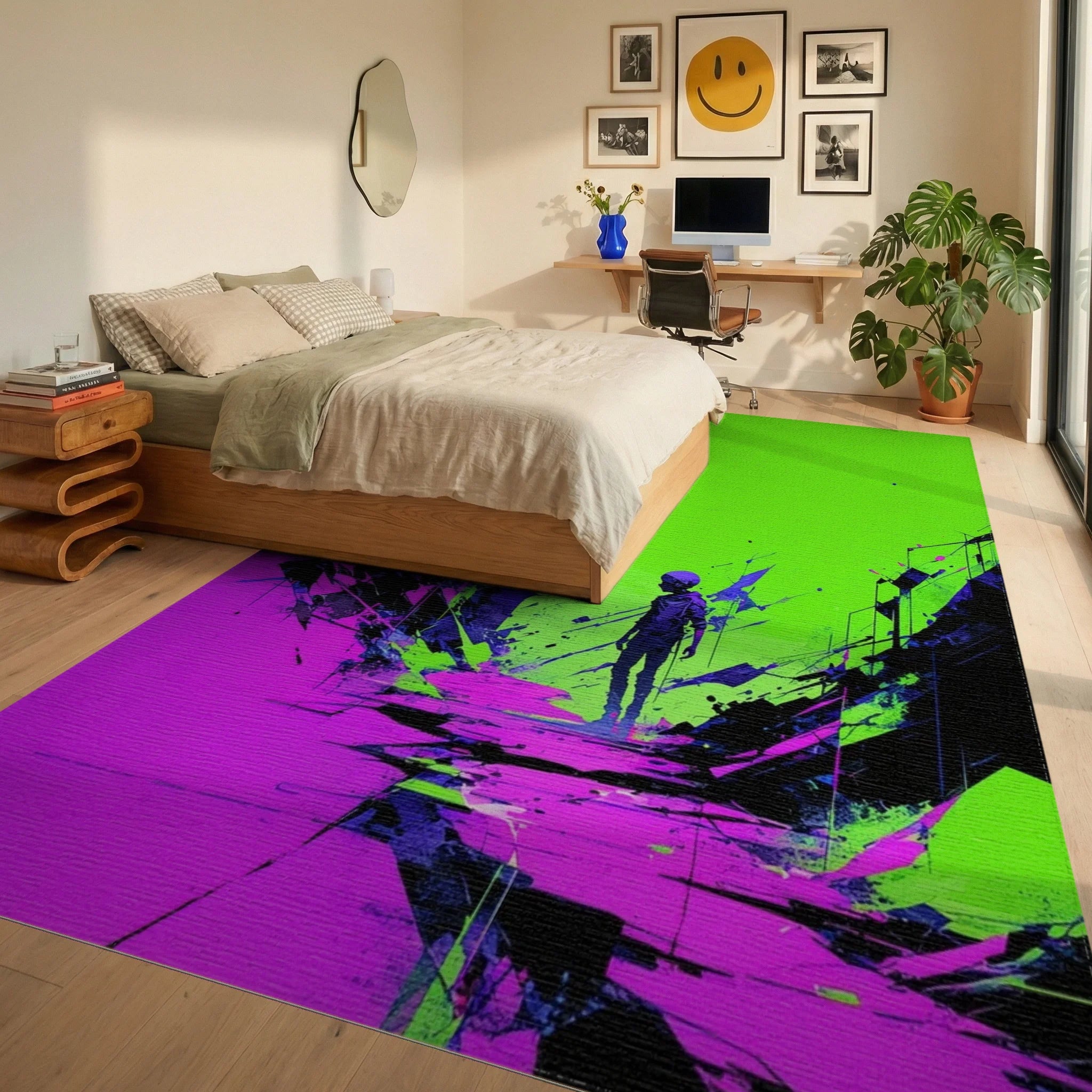 Cyberpunk Skull Neon Abstract Rug Bedroom View