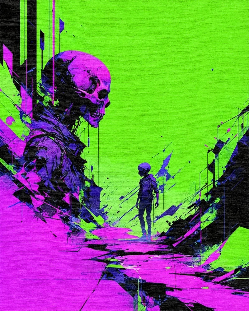 Cyberpunk Skull Neon Abstract Rug - Cutout View