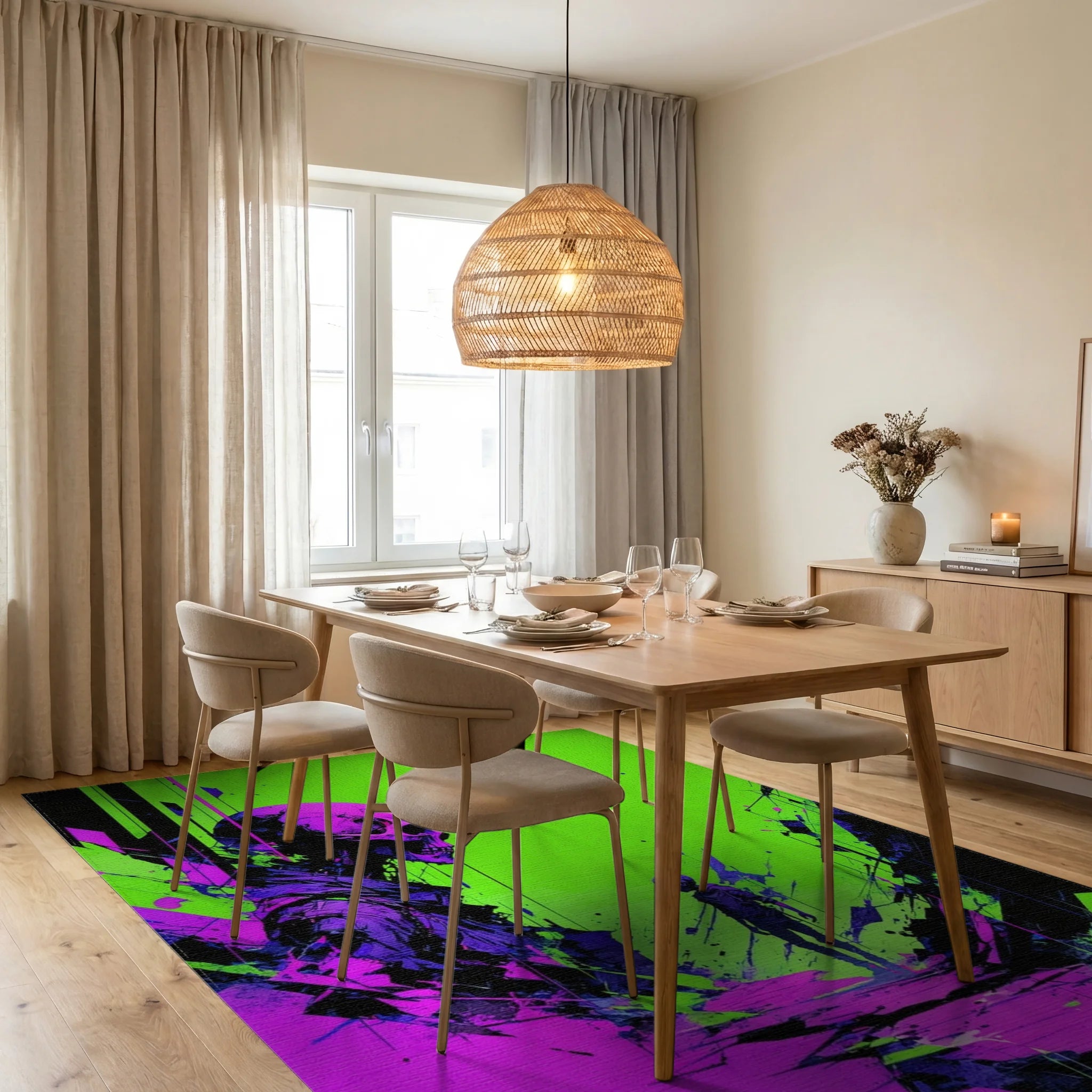 Cyberpunk Skull Neon Abstract Rug Dining Room View