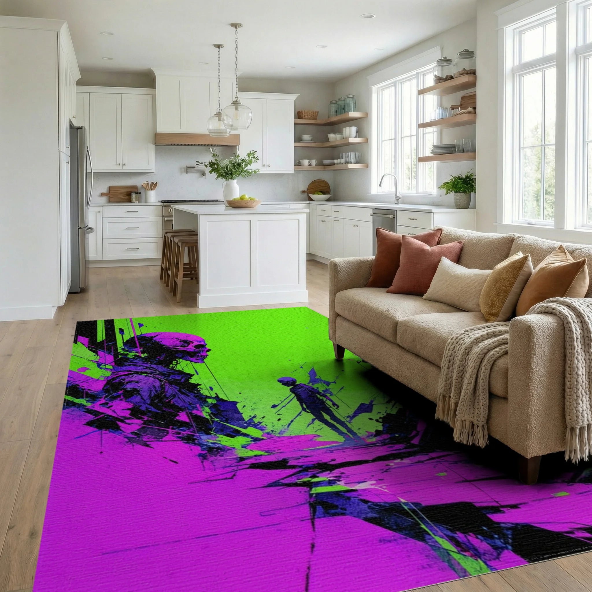 Cyberpunk Skull Neon Abstract Rug Living Room View