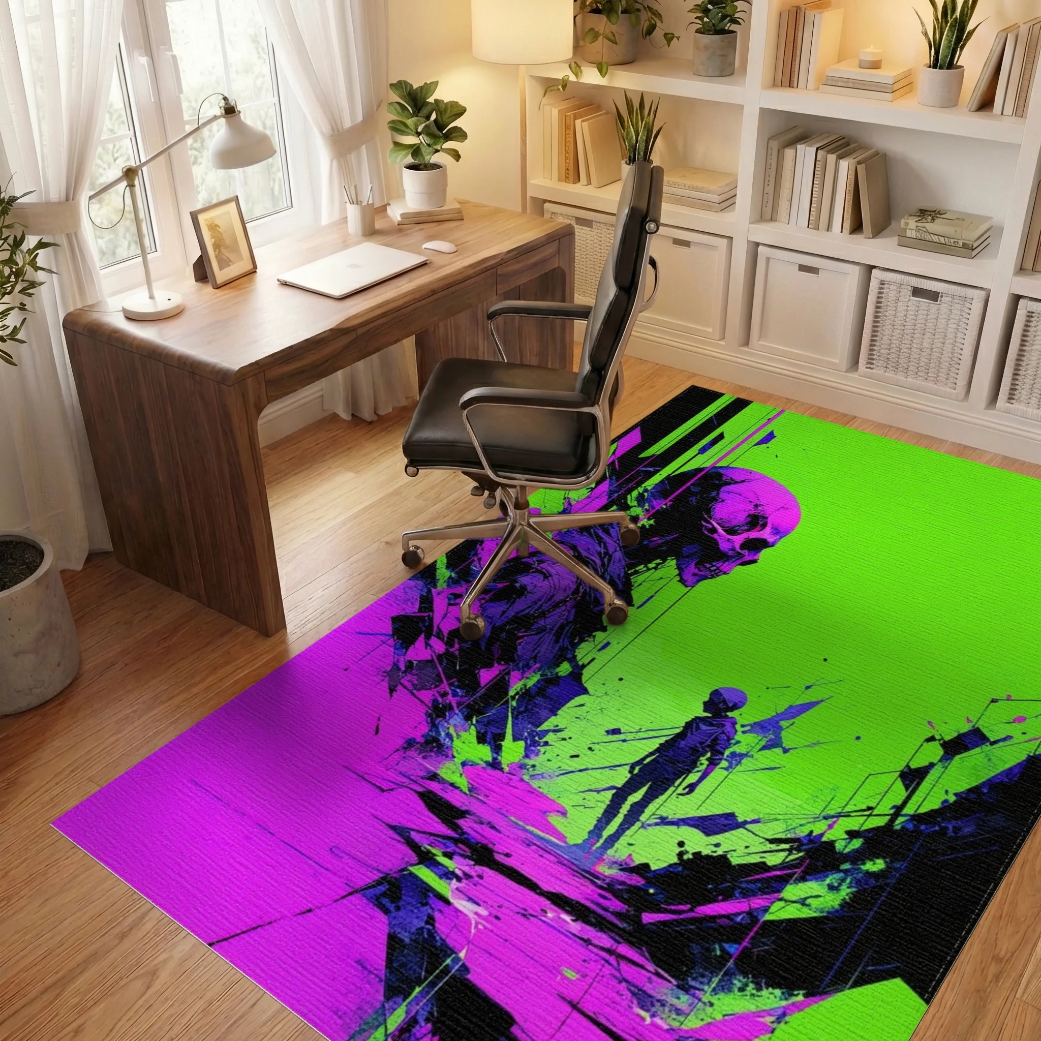 Cyberpunk Skull Neon Abstract Rug Office View