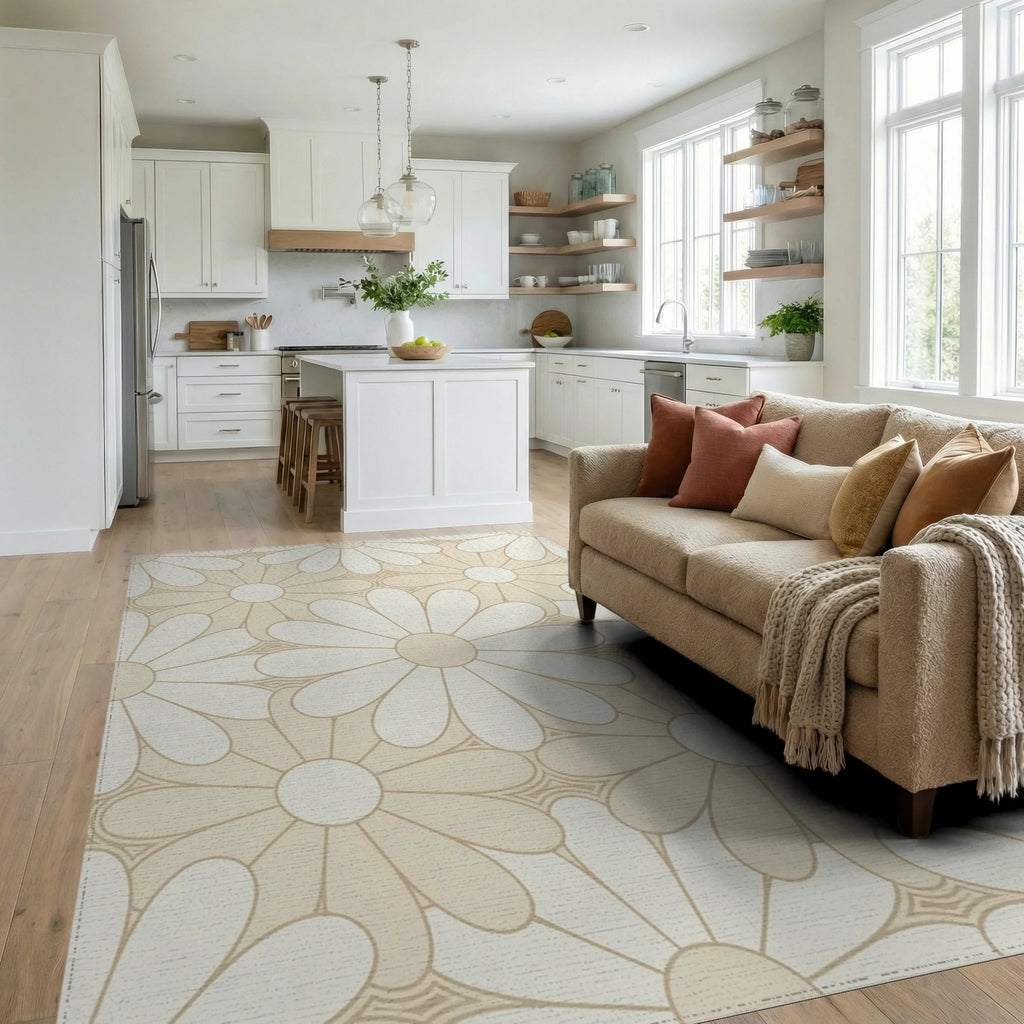 Daisy Petal Arrangement Cream Rug Living Room View