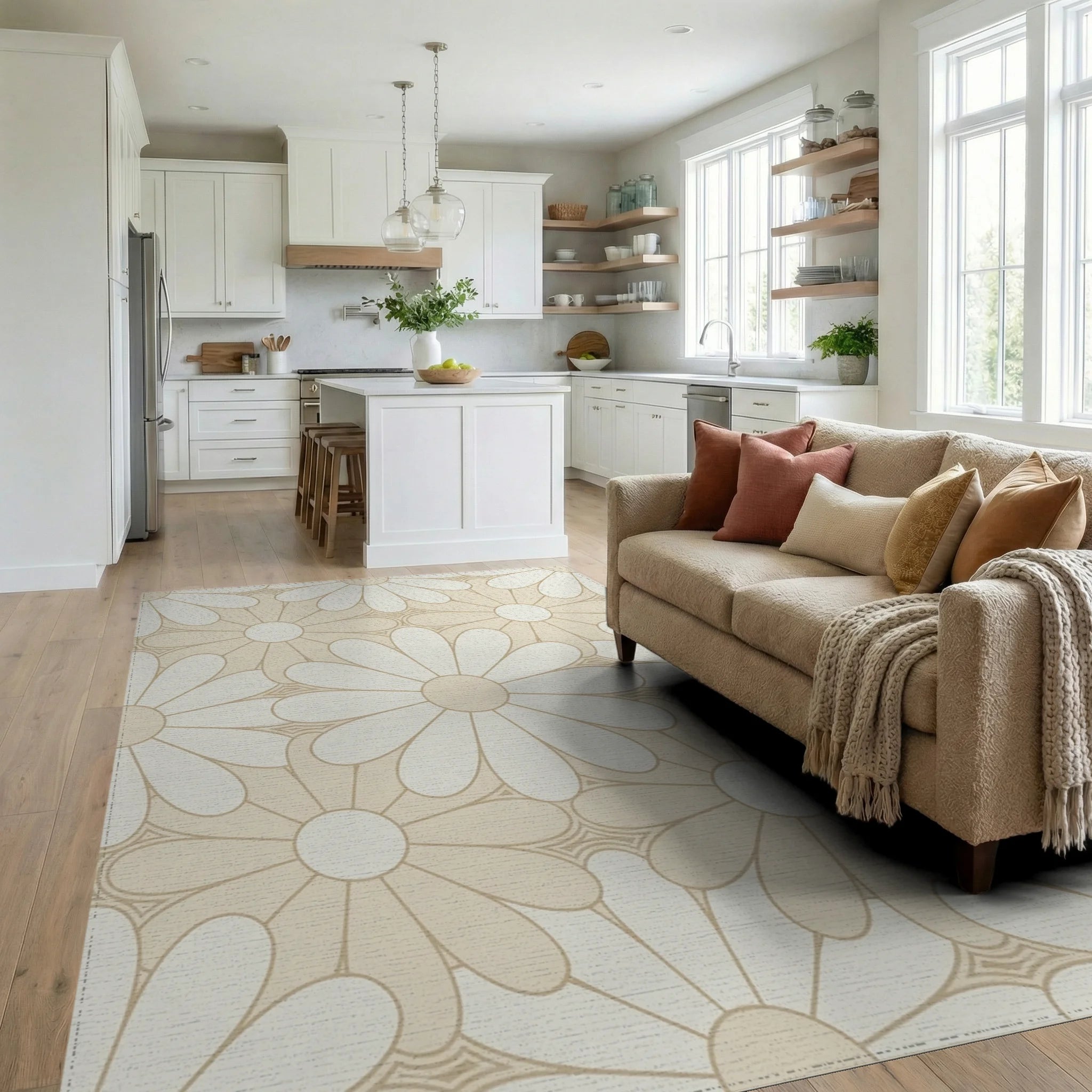 Daisy Petal Arrangement Cream Rug Living Room View