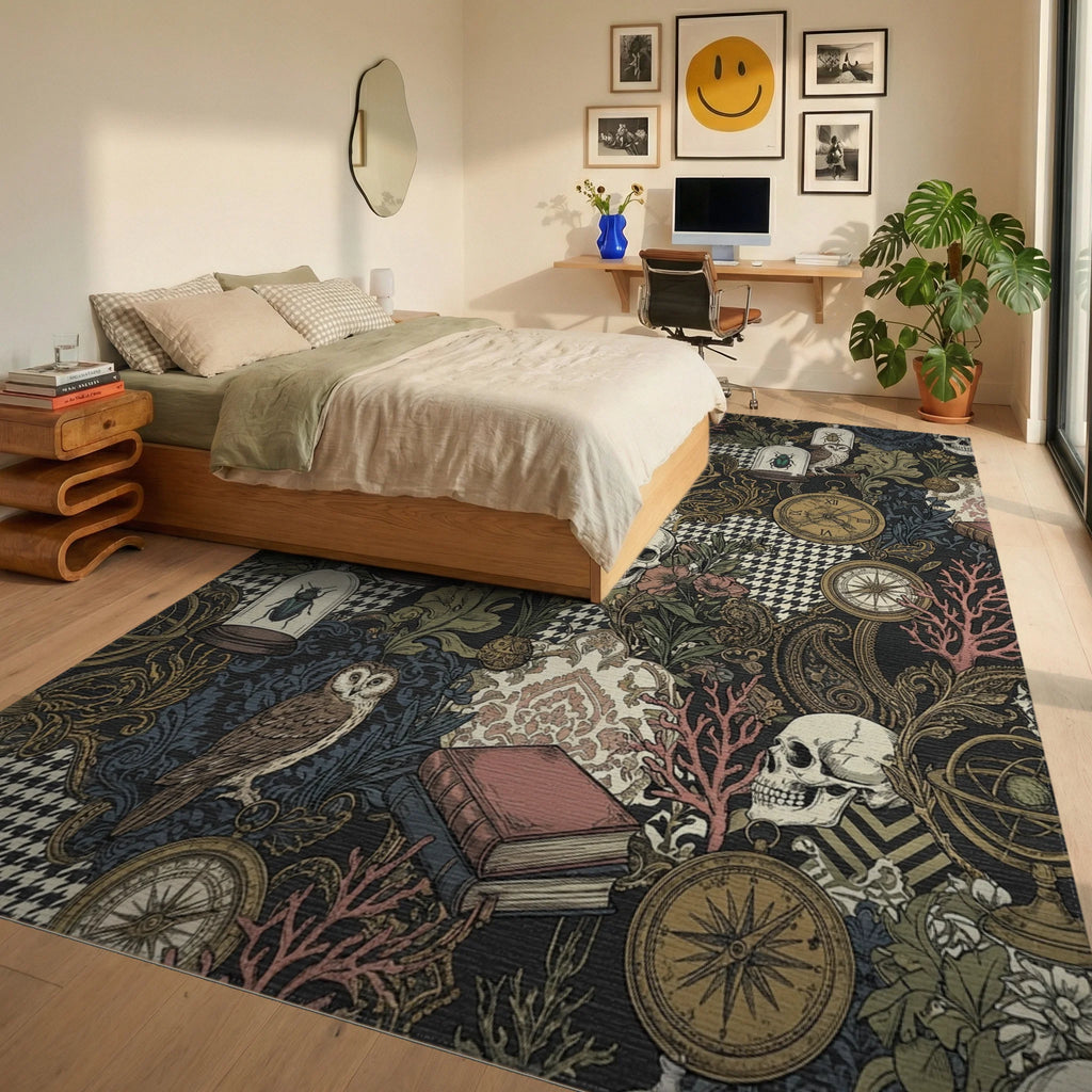 Dark Academia Skulls Insects Globes Books Rug Bedroom View