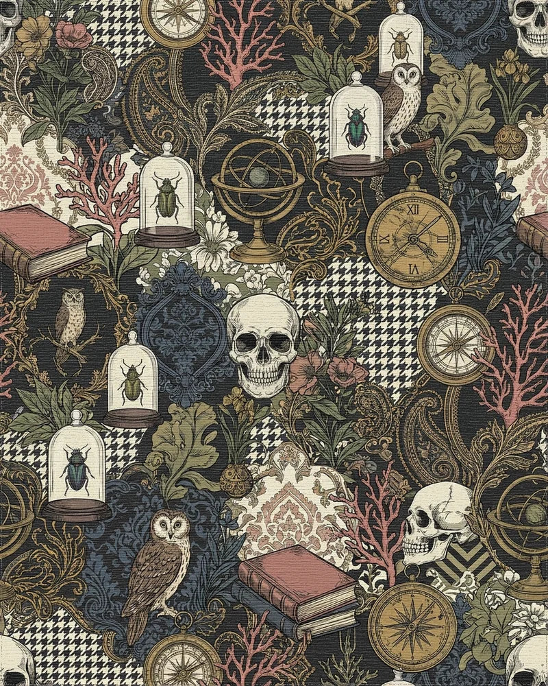 Dark Academia Skulls Insects Globes Books Rug - Cutout View
