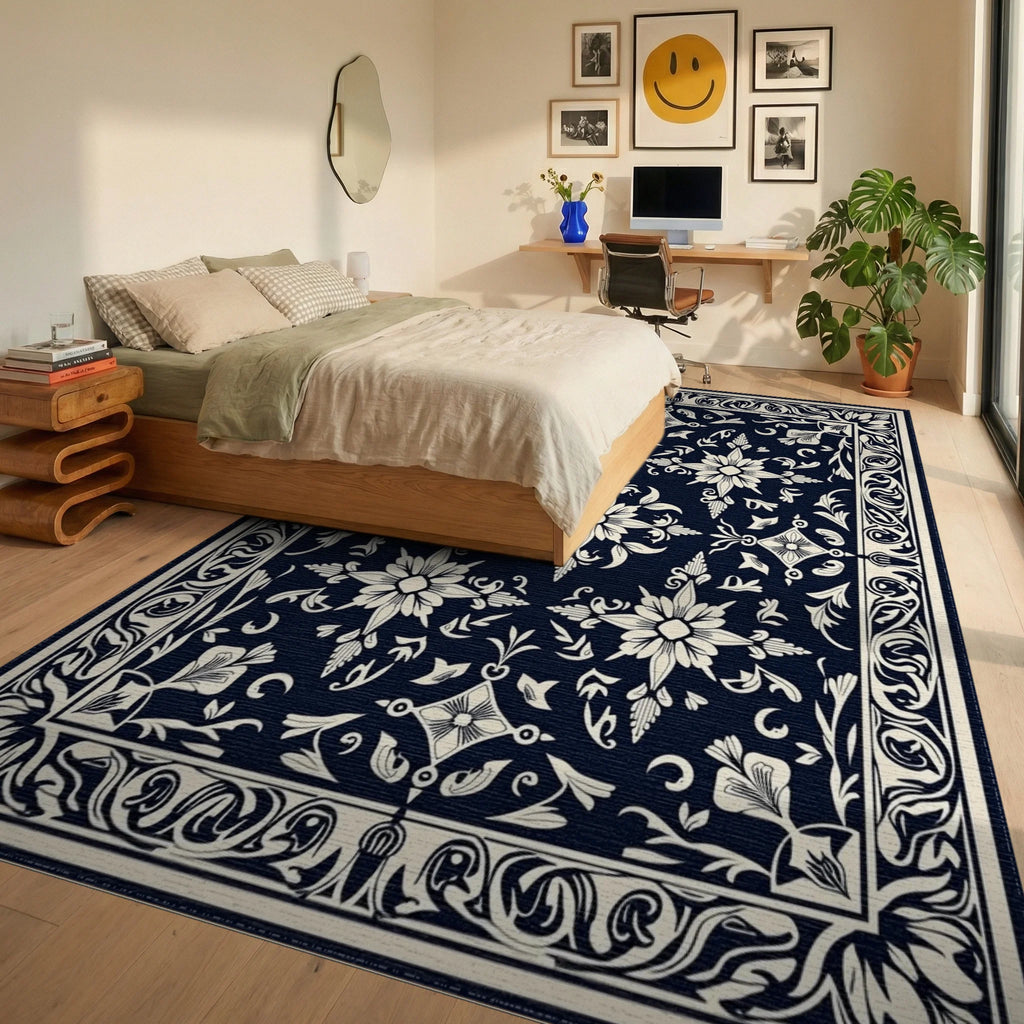 Dark Blue and Cream Floral Medallion Rug Bedroom View