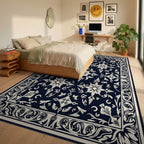 Dark Blue and Cream Floral Medallion Rug Bedroom View