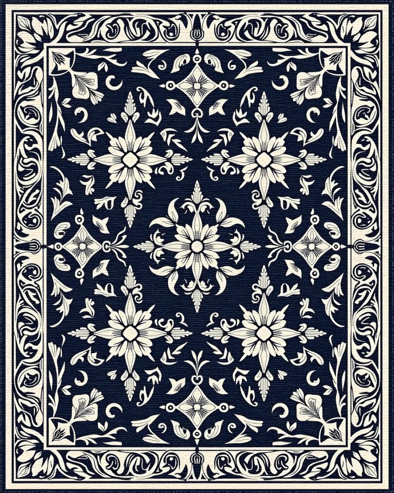 Dark Blue and Cream Floral Medallion Rug - Cutout View