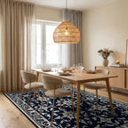 Dark Blue and Cream Floral Medallion Rug Dining Room View