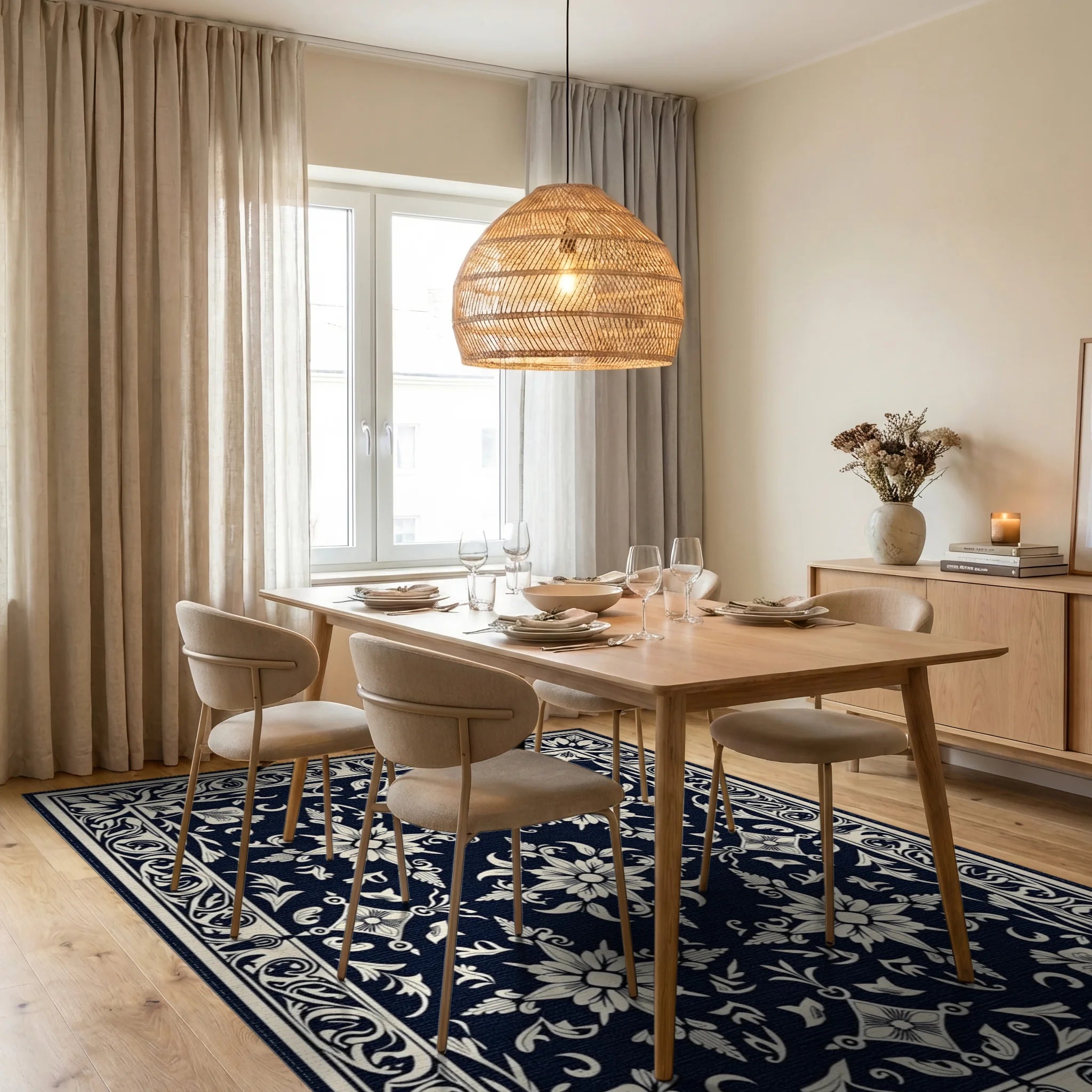 Dark Blue and Cream Floral Medallion Rug Dining Room View