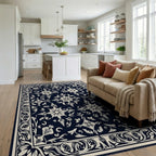 Dark Blue and Cream Floral Medallion Rug Living Room View