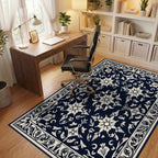 Dark Blue and Cream Floral Medallion Rug Office View