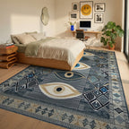 Dark Blue Eye Medallion Geometric Rug - Bedroom View