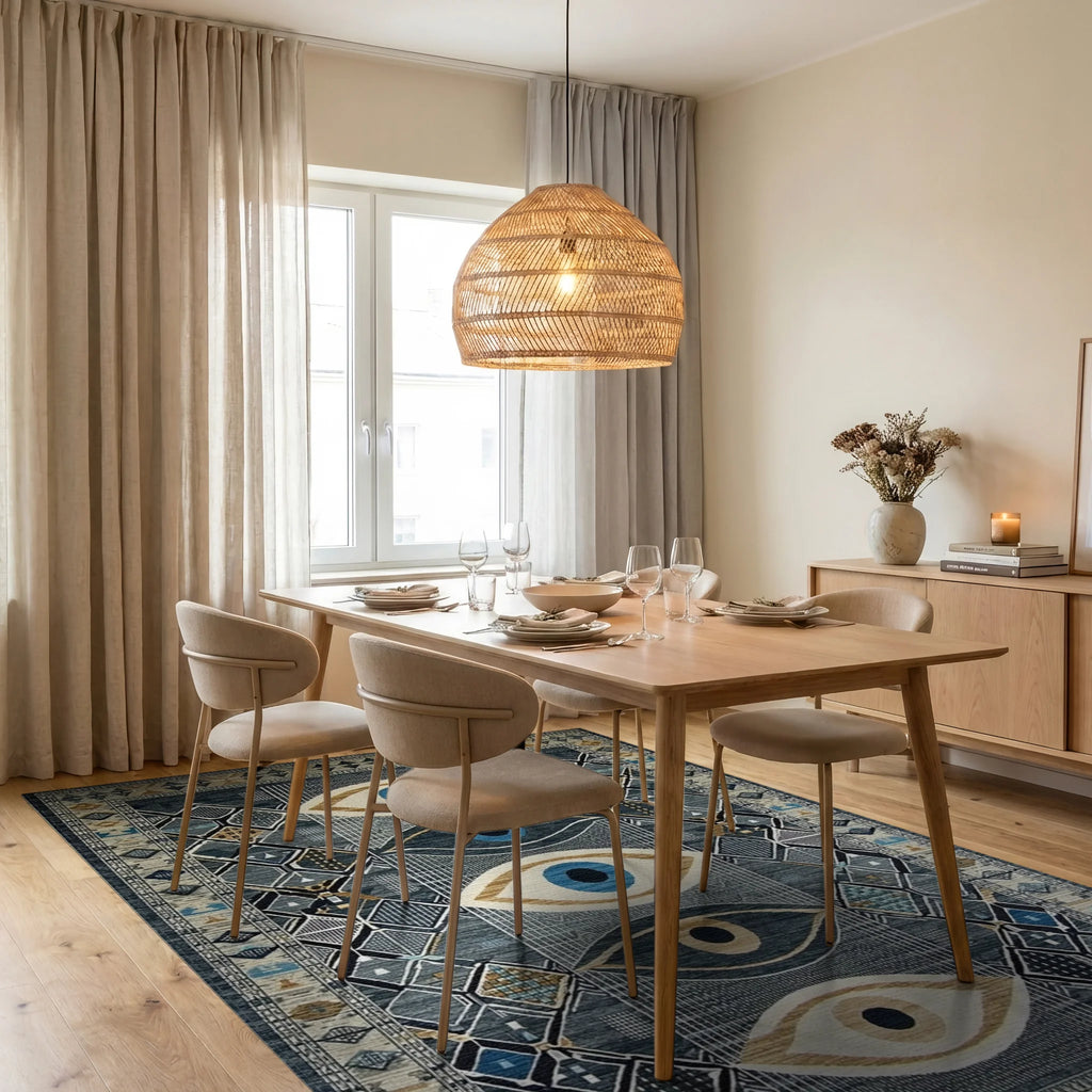 Dark Blue Eye Medallion Geometric Rug - Dining Room View