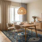 Dark Blue Eye Medallion Geometric Rug - Dining Room View