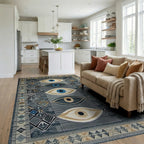 Dark Blue Eye Medallion Geometric Rug - Living Room View