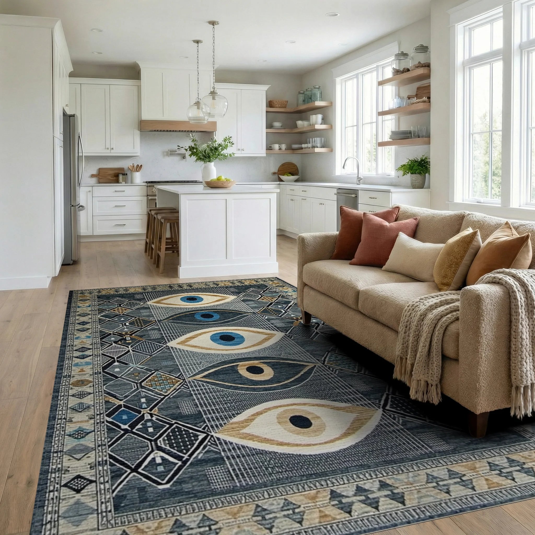 Dark Blue Eye Medallion Geometric Rug - Living Room View