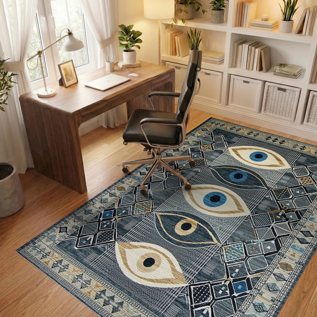 Dark Blue Eye Medallion Geometric Rug - Office View