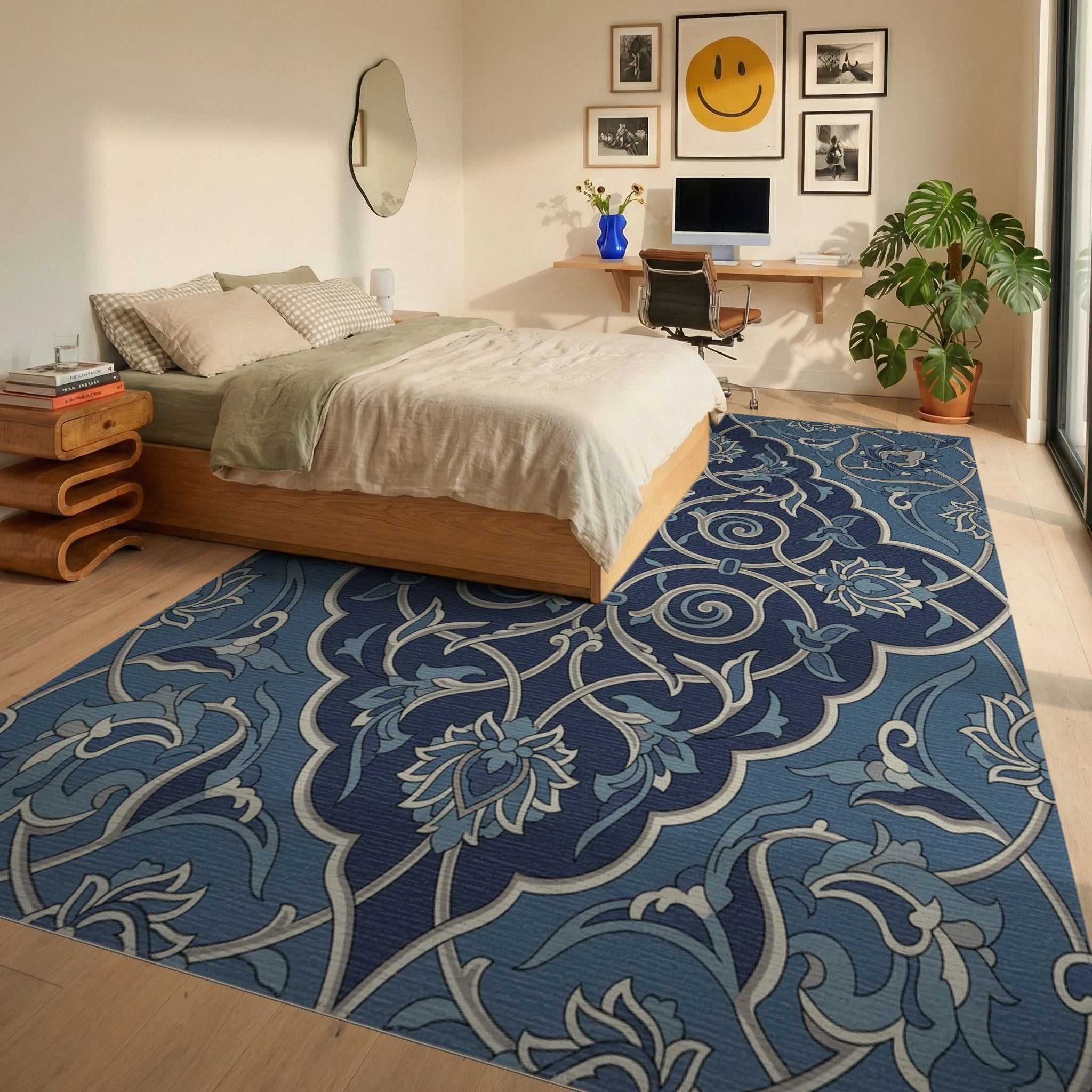 Dark Blue Floral Arabesque Scroll Rug Bedroom View
