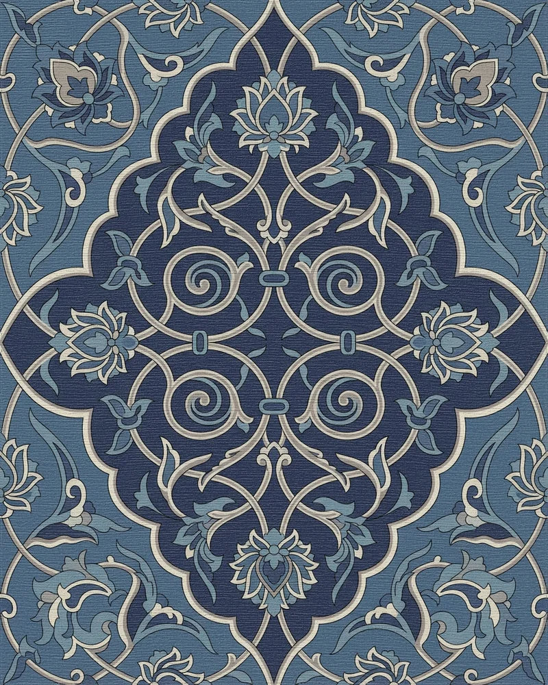 Dark Blue Floral Arabesque Scroll Rug - Cutout View