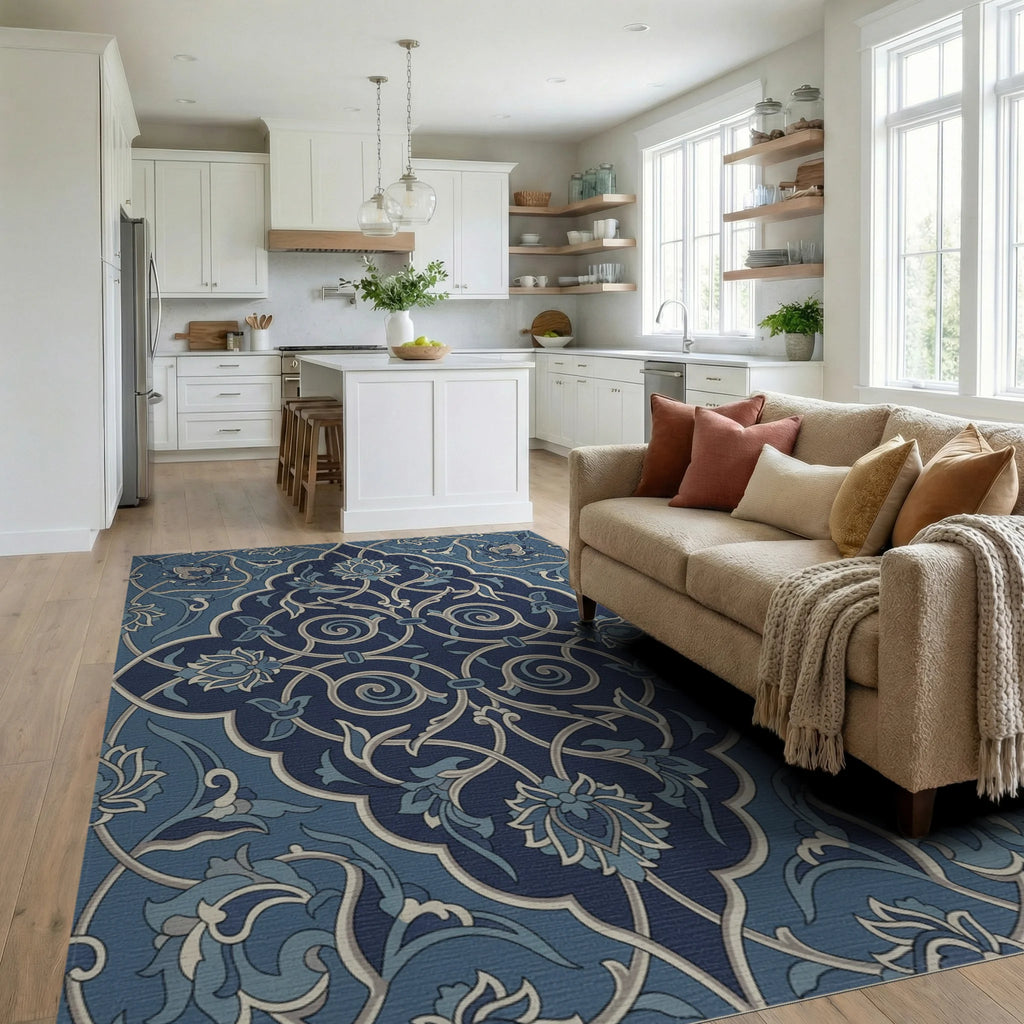 Dark Blue Floral Arabesque Scroll Rug Living Room View