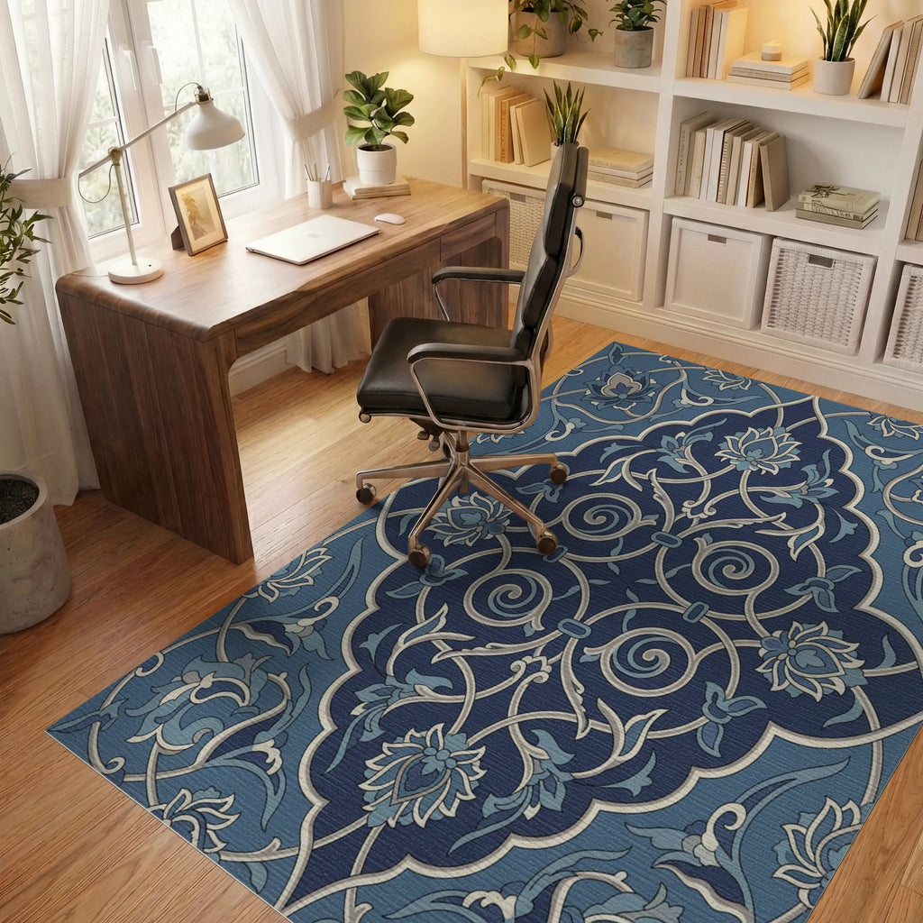 Dark Blue Floral Arabesque Scroll Rug Office View