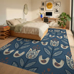 Dark Blue Folk Art Floral Bird Rug Bedroom View