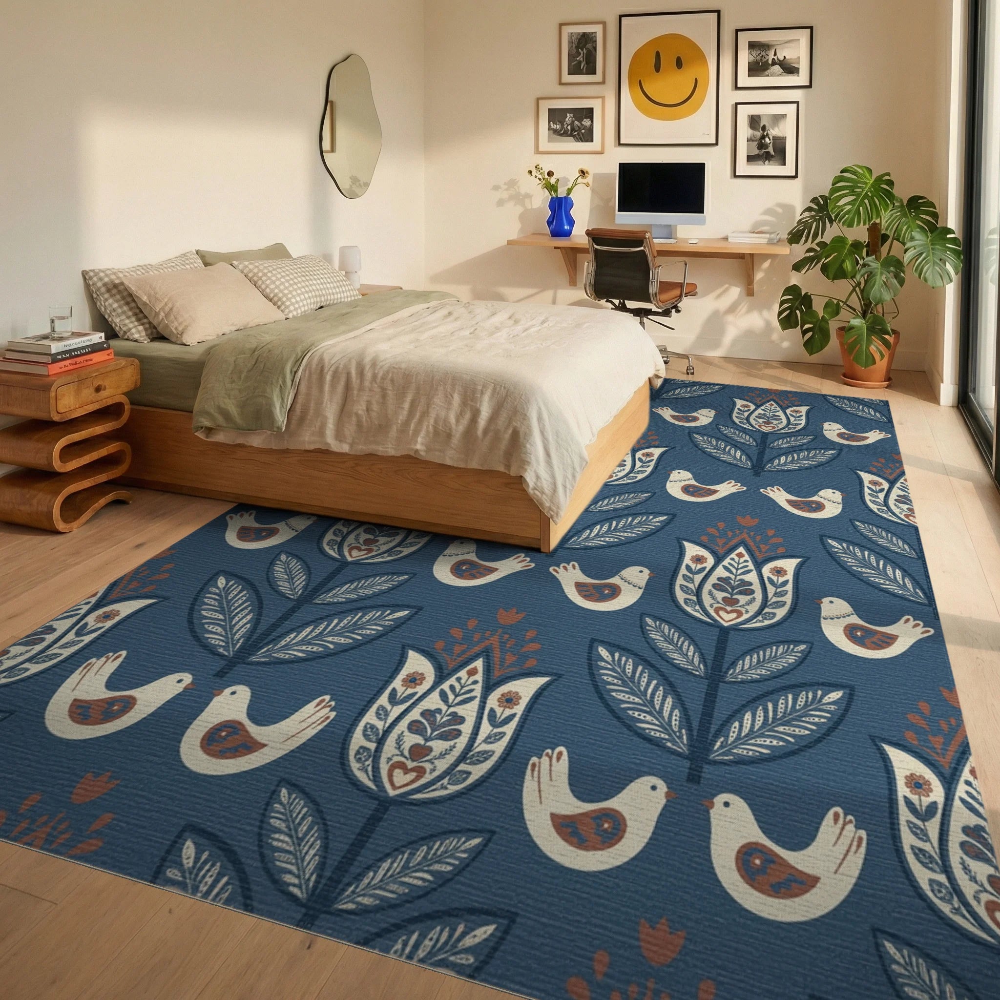 Dark Blue Folk Art Floral Bird Rug Bedroom View