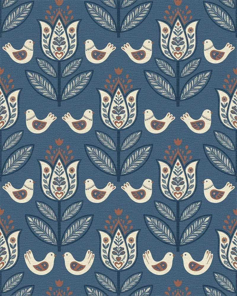 Dark Blue Folk Art Floral Bird Rug - Cutout View