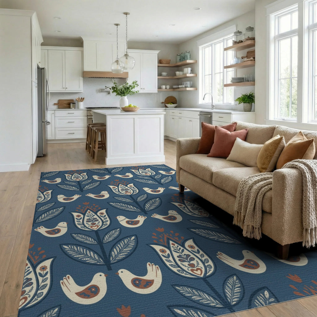 Dark Blue Folk Art Floral Bird Rug Living Room View
